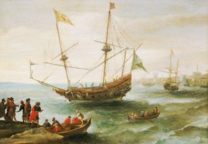 Ein Algerier in einem Hafen in der Barbarei (Name, der von Europäern der Küste Nordafrikas vom 16. bis 19. Jahrhundert gegeben wurde). Ölgemälde von Andries van Eertvelt (1590-1652) von Andries van Eertvelt