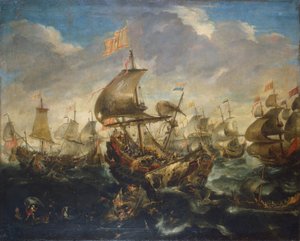 Schlacht der spanischen und niederländischen Flotte im Mai 1573, zur Zeit der Belagerung von Haarlem von Andries van Eertvelt