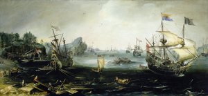 Niederländische Schiffe laden Holz in einem skandinavischen Fjord, von Andries van Eertvelt von Andries van Eertvelt