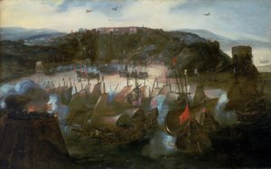 Der Angriff auf San Salvador (oder Bahia, das heutige Salvador, Brasilien) durch die niederländische Flotte im Jahr 1624 von Andries van Eertvelt