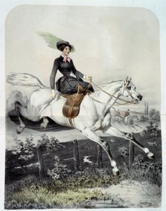 Ein junger Reiter in der Amazonensprung über eine Barriere von Ange Louis Janet