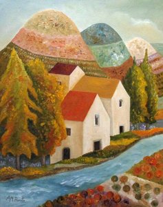 Herbstliches Dorf am Fluss