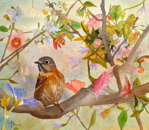 Charmanter Vogel in Blüte
