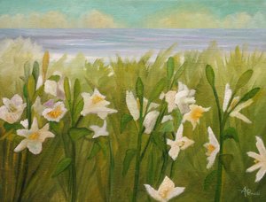 Weiße Blumen mit Meeresblick