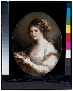 Vermutliches Selbstporträt in der Gestalt der Poesie, in einem weißen Kleid, mit einem Stift und Papier
