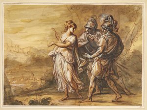 Mythologische Szene. Junge Frau mit Bogen wendet sich zu zwei bewaffneten Männern