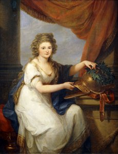 Porträt der Gräfin Catherine Skavronska, sitzend in Dreiviertellänge, in neoklassischem Kleid, vor einem drapierten Vorhang, einen Helm mit der Inschrift "Potemkin Taurico" mit einem Kranz schmückend, 1789 von Angelica Kauffmann