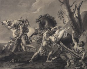 Theseus und Pirithoos befreien die Erde von Räubern, befreien zwei Frauen aus den Händen ihrer Entführer