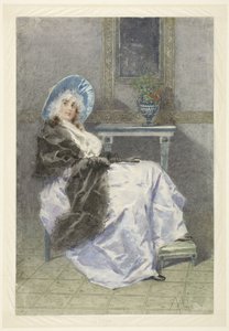 Sitzende junge Frau mit schwarzem Schal und violettem Rock von Angelo Achini