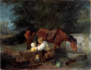 Eine Bäuerin mit ihrem Kind, einem Bauernjungen und einem Pferd von Angelo Beccaria