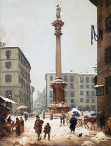 Die Erlöser-Säule am Verziere (Gemüsemarkt) gesehen von der alten Straße San Bernardino in Mailand von Angelo Inganni