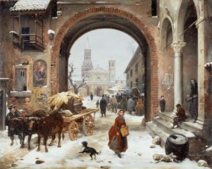 Wintermarkt vor der Abtei von Clairvaux von Angelo Inganni