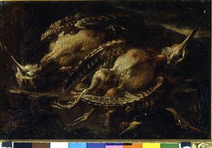 Stillleben mit Vögeln. Gemälde von Angelo Maria Crivellone (? - 1730/60?). Mailand, CRA von Angelo Maria Crivelli