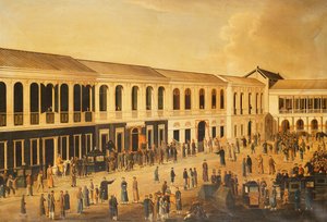 Ansicht der Hongs an der Uferpromenade von Kanton, ca. 1825 von Anglo Chinese School