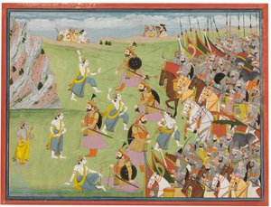Ein Gemälde aus dem Mahabharata: Balabhadra kämpft gegen Jarasandha, Kangra oder Garhwal, ca. 1810-20