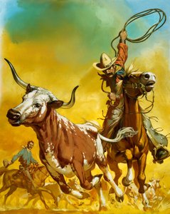 Cowboy beim Lassowerfen von Rindern