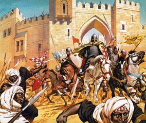Der tote Körper von El Cid auf ein Pferd geschnallt, lässt die Mauren fliehen