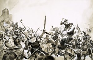 Maurische Krieger greifen spanische Truppen im Jahr 711 an von Angus McBride