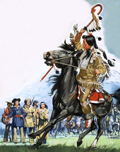 Unidentifizierte Indianer umringen eine kleine Gruppe von Spähern von Angus McBride