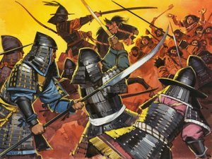 Unidentifizierte japanische Krieger im Kampf