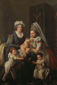 Porträt einer Dame, in einem Innenraum mit ihrer Amme und drei Kindern