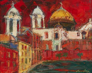 Kathedrale von Cadiz und Gebäude, roter Himmel von Ann Oram