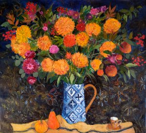 Orange Chrysanthemen auf einem Wandteppich, 2022 von Ann Oram