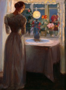 Junges Mädchen vor einer Lampe von Anna Kirstine Ancher