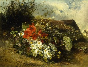 Wildblumen auf einem Ufer, mit einem Cottage dahinter