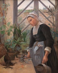Bretonisches Mädchen, das sich um Pflanzen im Gewächshaus kümmert von Anna Petersen