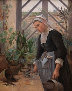 Bretonisches Mädchen, das sich um Pflanzen im Gewächshaus kümmert, 1884
