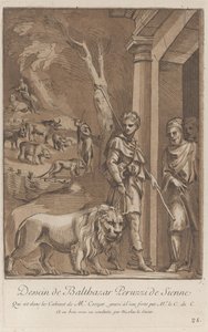 Ein Hirte hält einen Löwen an der Leine im Vordergrund, im Mittelgrund der Sch... , ca. 1729-64