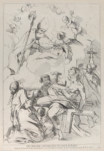Kranke Menschen rufen einen Bischofsheiligen, der oben links erscheint, 1729-40