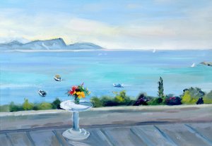 Eine Terrasse mit Blick auf das Meer von Anne Durham