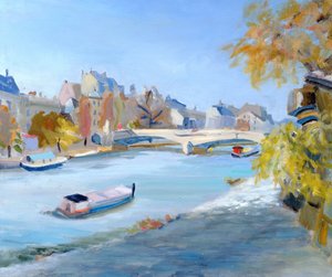 Barke segelt die Seine hinunter in Paris von Anne Durham