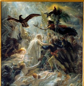 Apotheose der französischen Helden, die während des Freiheitskrieges für das Vaterland starben, Hommage an Napoleon Bonaparte, Allegorie, die den Barden Ossian, schottischen Dichter des 3. Jahrhunderts, darstellt, gelesen von Napoleon, der Louis Charles An von Anne Louis Girodet de Roucy Trioson