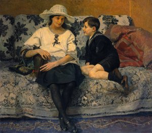 Ein junges Mädchen und ein junger Junge auf einem Sofa von Anne Marie Henriette Brejat