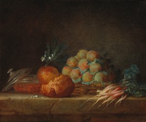 Stillleben mit Brioche, Obst und Gemüse