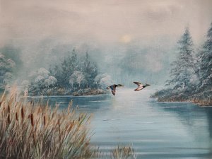 Enten über dem Wintersee