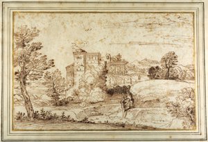 Landschaft mit einem Schloss und den Ruinen eines klassischen Portikus