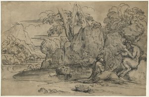 Landschaft mit einem Flötenspielenden Satyr, Frau und Putto