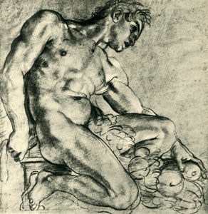 Ein sitzender Ignudo mit einem Kranz