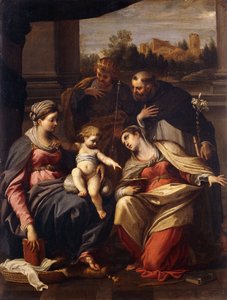 Die Madonna und das Kind mit den Heiligen Lucia, Dominikus und Ludwig von Frankreich, eine Landschaft mit einer Stadt durch ein Fenster im Hintergrund von Annibale Carracci
