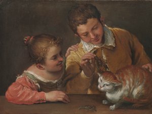 Zwei Kinder, die eine Katze ärgern