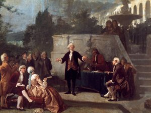 Der italienische Dramatiker Carlo Goldoni (1707-1793) deklamiert ein Sonett vor den Mitgliedern der Colonia Alfea im Scotto-Garten von Pisa von Annibale Gatti