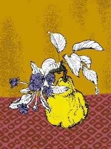 Quitte und violette Blüten