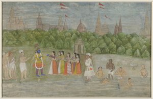 Krishna tanzt mit den Gopis am Ufer des Yamuna in Brindaban von Anonymous