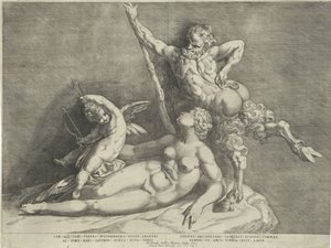 Skulpturengruppe von Venus, Amor und einem Satyr