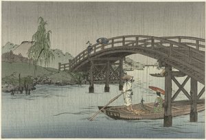 Boot unter einer Holzbrücke