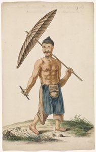 Chinesischer Handwerker mit Sonnenschirm und Rasiermesser